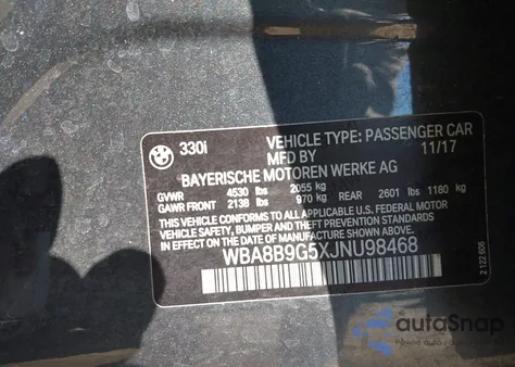 2018 BMW 330I z USA, uszkodzony, nr VIN WBA8B9G5XJNU98468